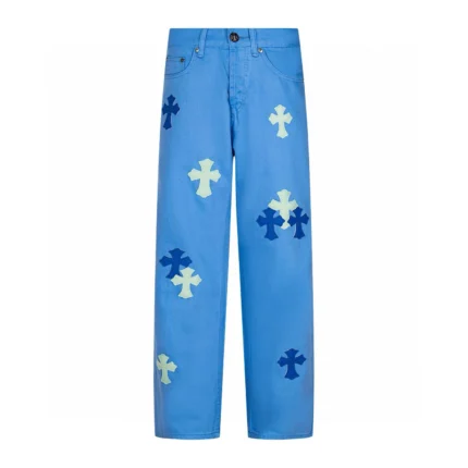hrome Hearts Blue Contrast Cross Jeans featuring distinctive contrasting cross details on blue denim.