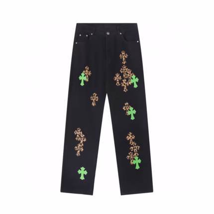 Chrome Hearts Leopard and Cross Green Patch Jeans featuring distinctive leopard-print details and green cross patches.