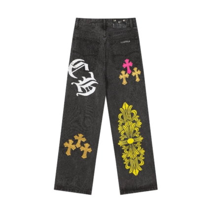 Chrome Hearts Multi Cross Graphic Straight Leg Black Jeans