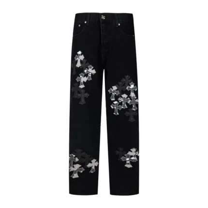 Black Chrome Hearts Multi Cross Patch Jeans featuring multiple cross patches on classic black denim.