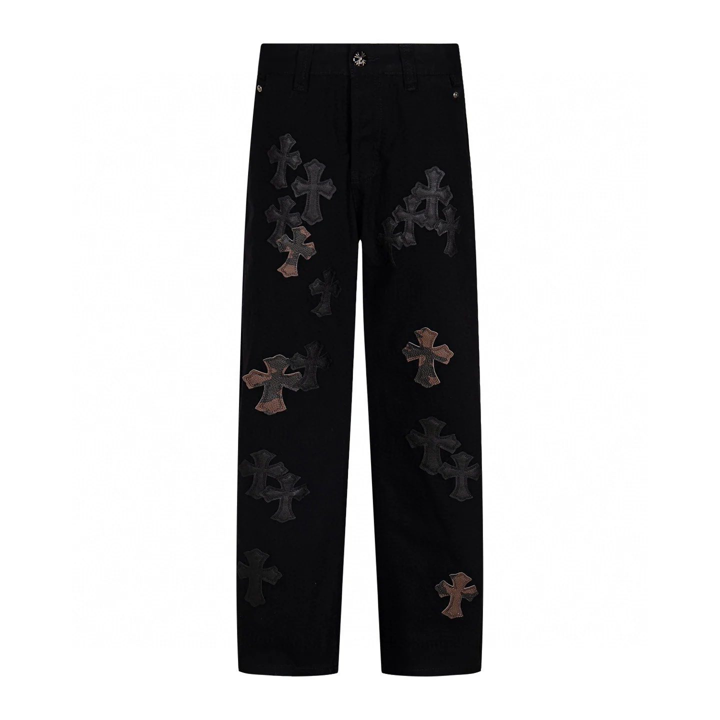Chrome Hearts Black Brown Cross Jeans Chrome Hearts Black Brown Cross Jeans featuring distinctive brown cross details on a bold black denim design.