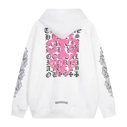 Chrome Hearts Pink Cross Leather Patch Zip Hoodie White Back in