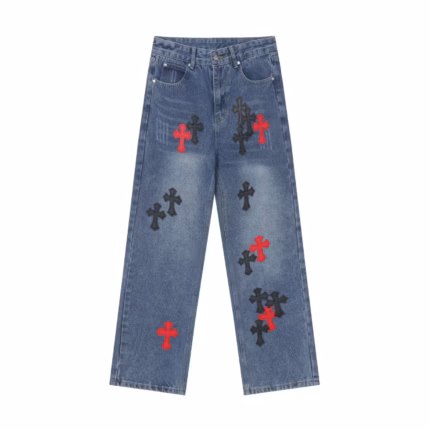Chrome Hearts Black & Red Cross Patch Blue Jeans featuring contrasting black and red cross patches on blue denim.